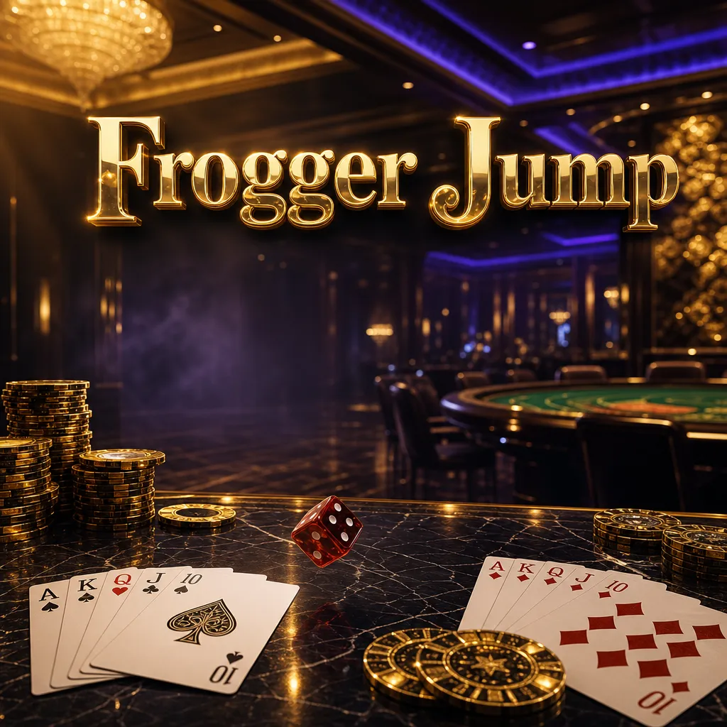 Frogger Jump casino hero banner with gold chips, playing cards, and dice on dark marble under cinematic lighting